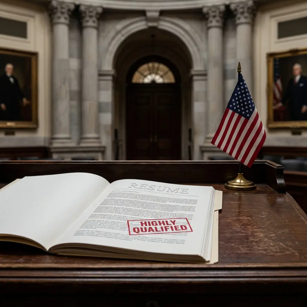 Official government building style background with a detailed multi-page resume and a 'Highly Qualified' stamp