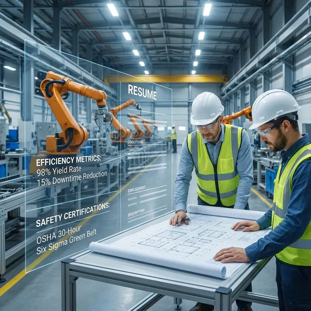 Industrial manufacturing setting with resume overlay showing efficiency metrics and safety certifications