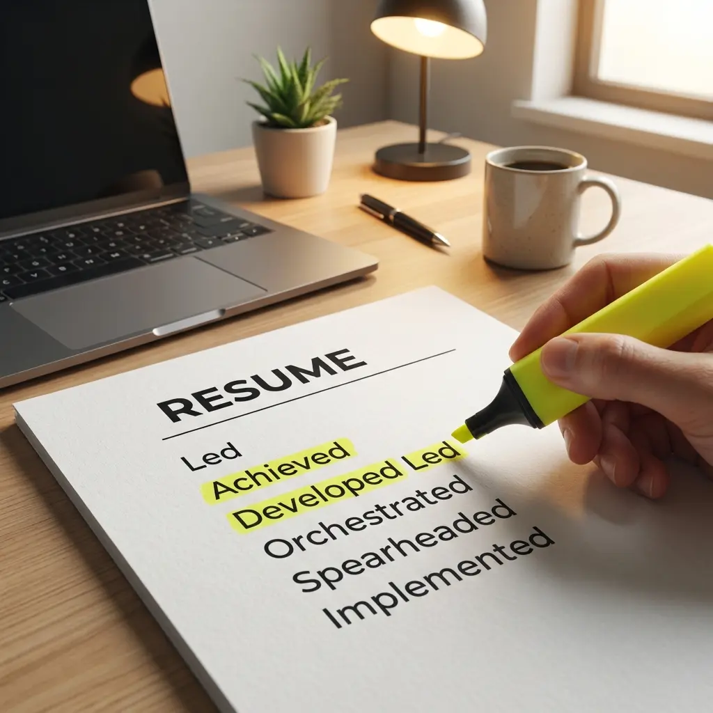 Professional resume with highlighted action verbs showing impact statements