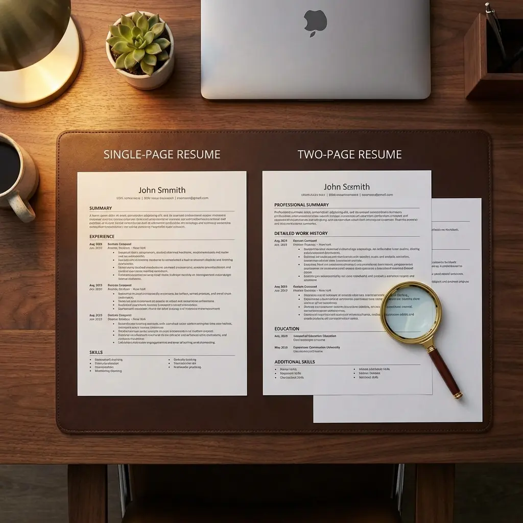 Professional comparing one-page and two-page resume documents on desk