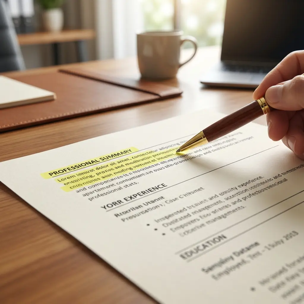 Professional reviewing resume sections with summary and objective highlighted