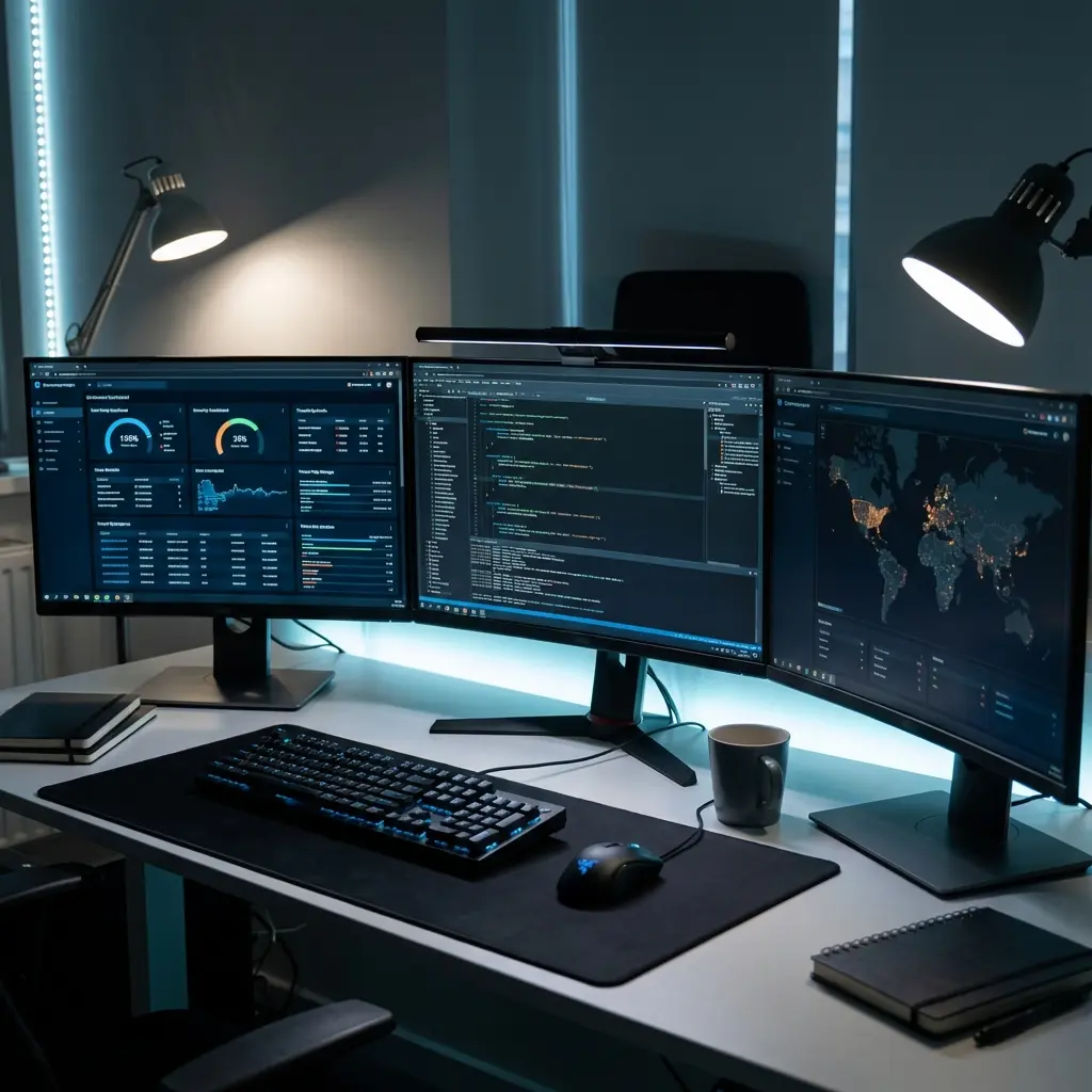 Cybersecurity professional at workstation with multiple monitors showing security dashboards