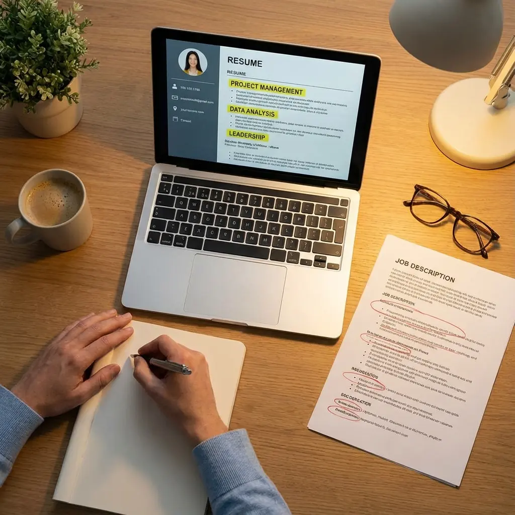 Professional tailoring resume with job description side by side on laptop screen