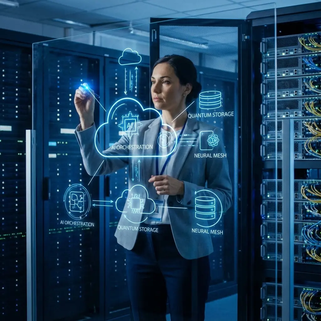 Futuristic cloud architecture diagram being drawn on a glass board by a professional, with server racks in background