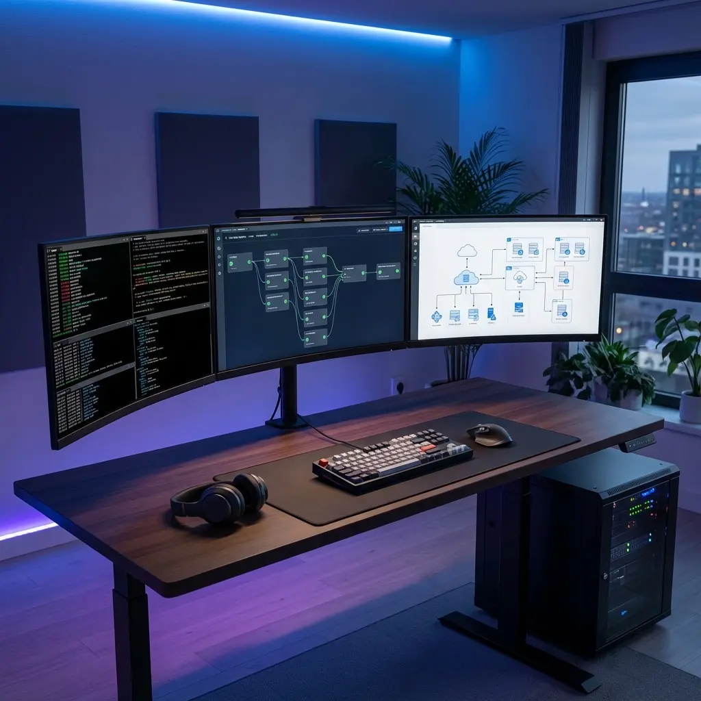 DevOps workspace with code on screens and deployment pipeline visualization