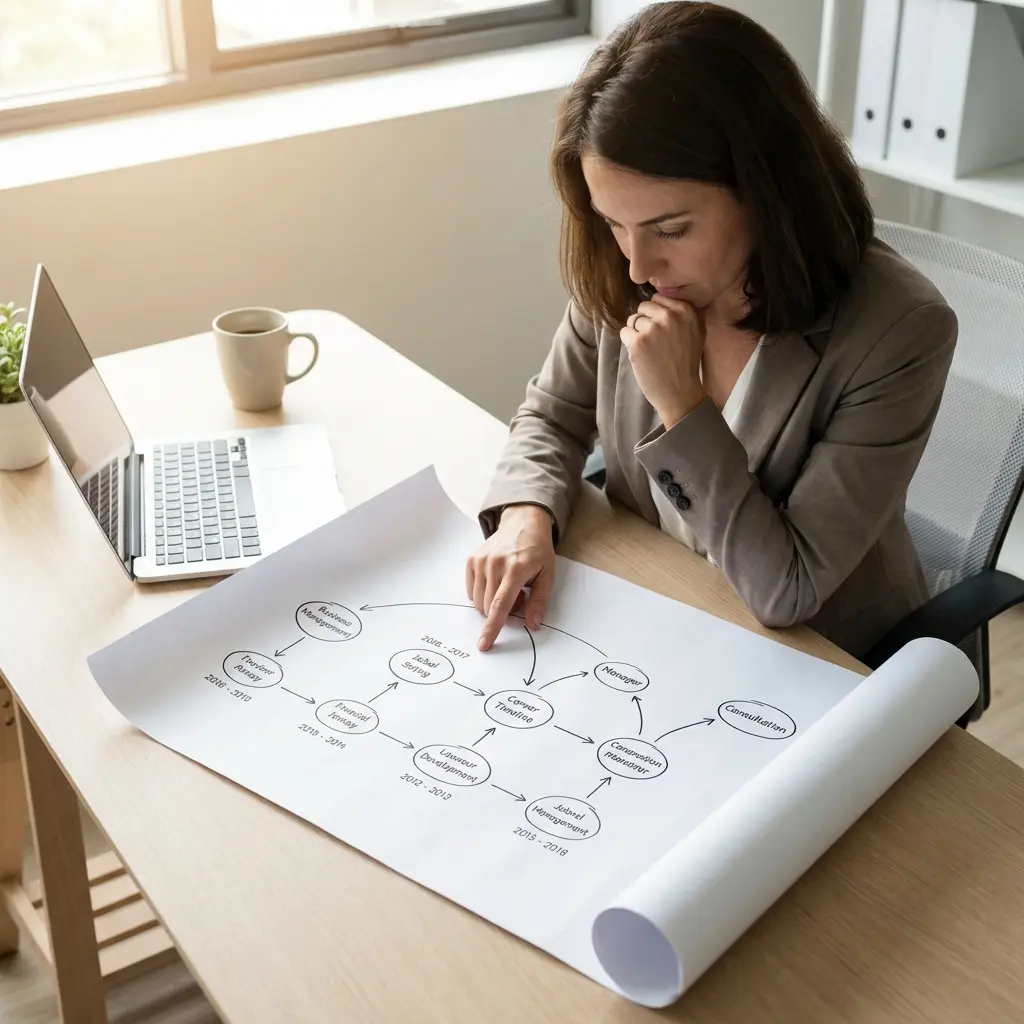 Professional reviewing resume with career timeline