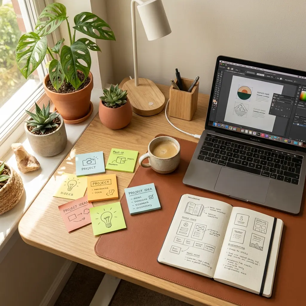 Freelancer working on laptop in creative home office space