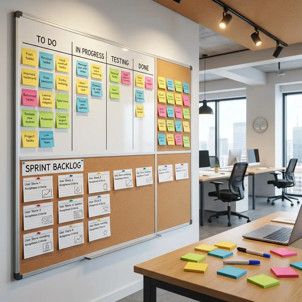 Agile team collaboration board with sticky notes and sprint planning