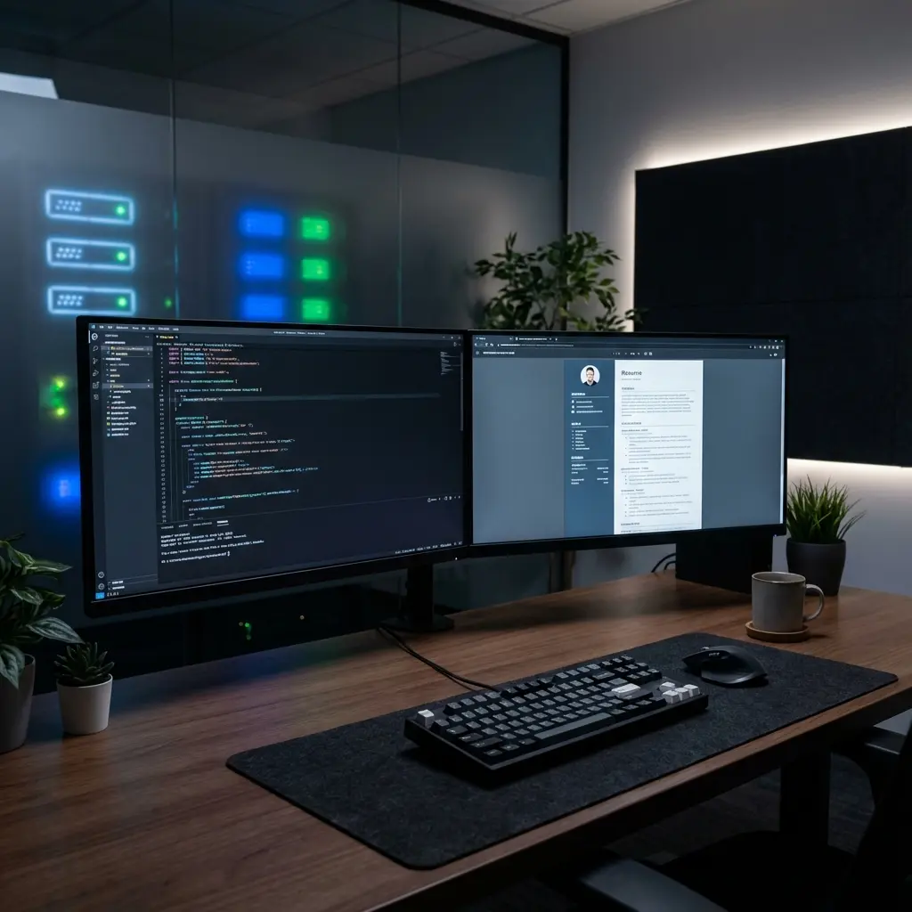 Backend developer resume template with code snippets and technical skills highlighted