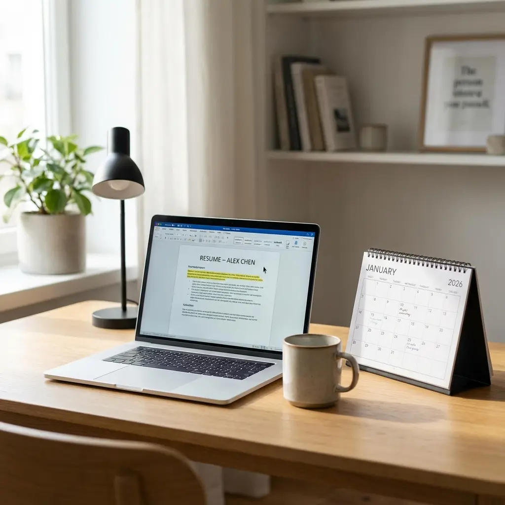 Person updating resume on laptop with new year calendar visible
