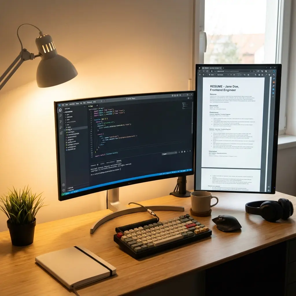 Frontend developer working on code with resume document on screen