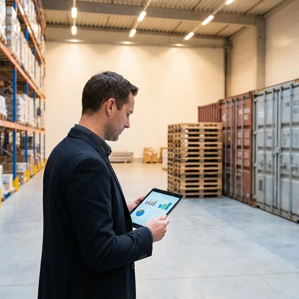 Supply chain manager reviewing logistics data on tablet in warehouse