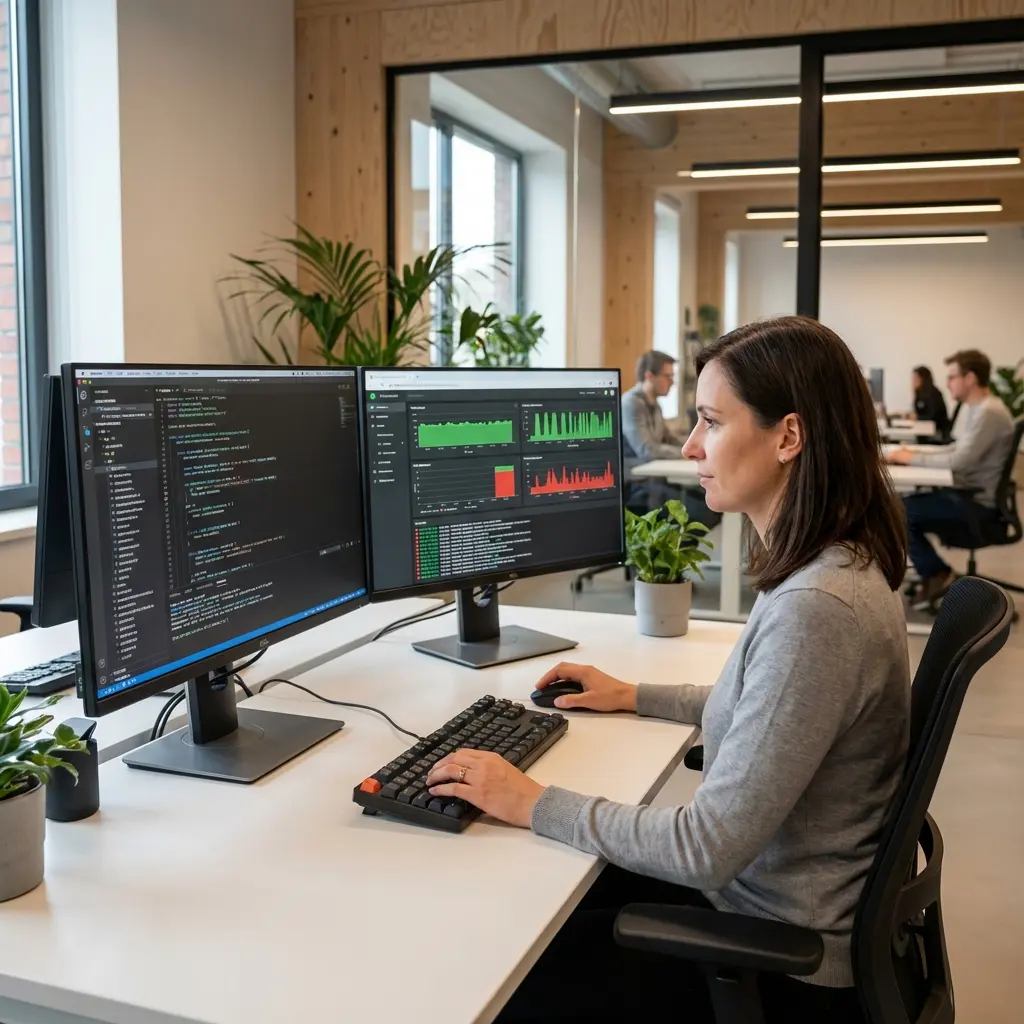 Quality assurance engineer reviewing test results on multiple monitors
