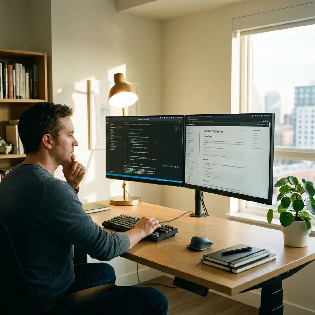 Technical writer working on documentation with code reference materials