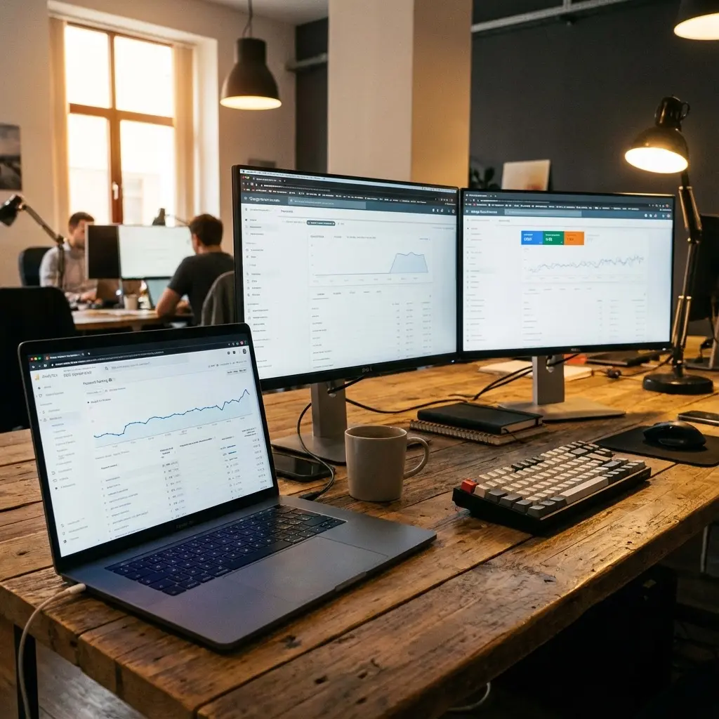 SEO specialist analyzing search performance data on laptop with analytics dashboard