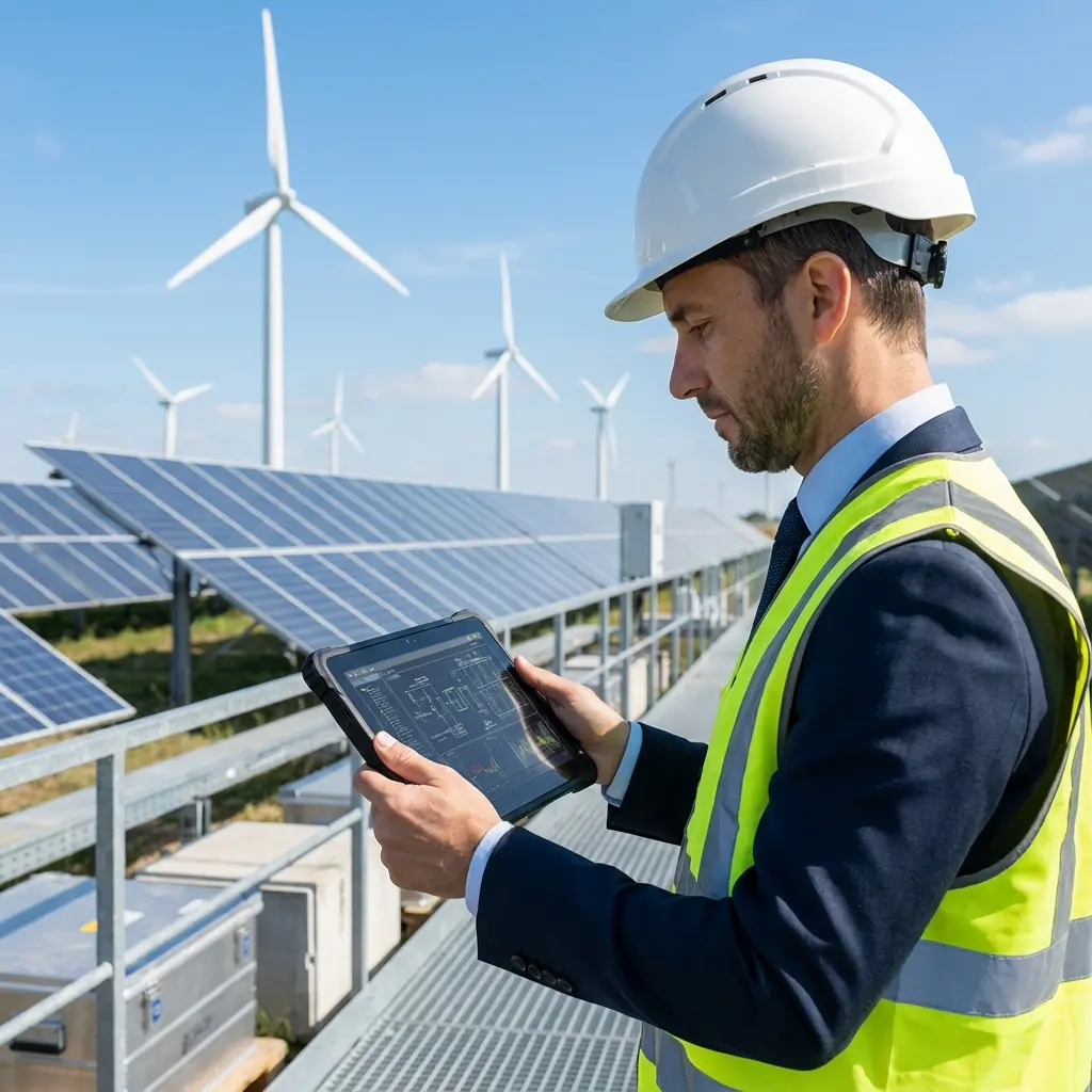Energy sector engineer reviewing renewable energy project plans at modern facility