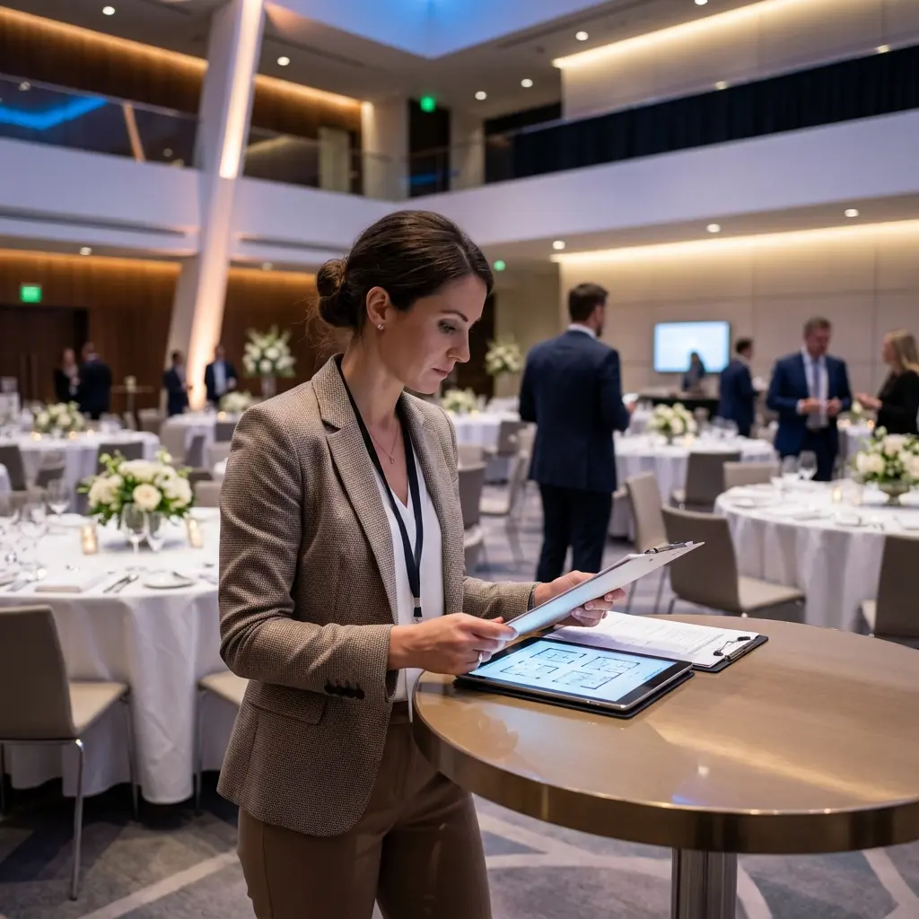 Professional event planner coordinating details at elegant corporate event venue
