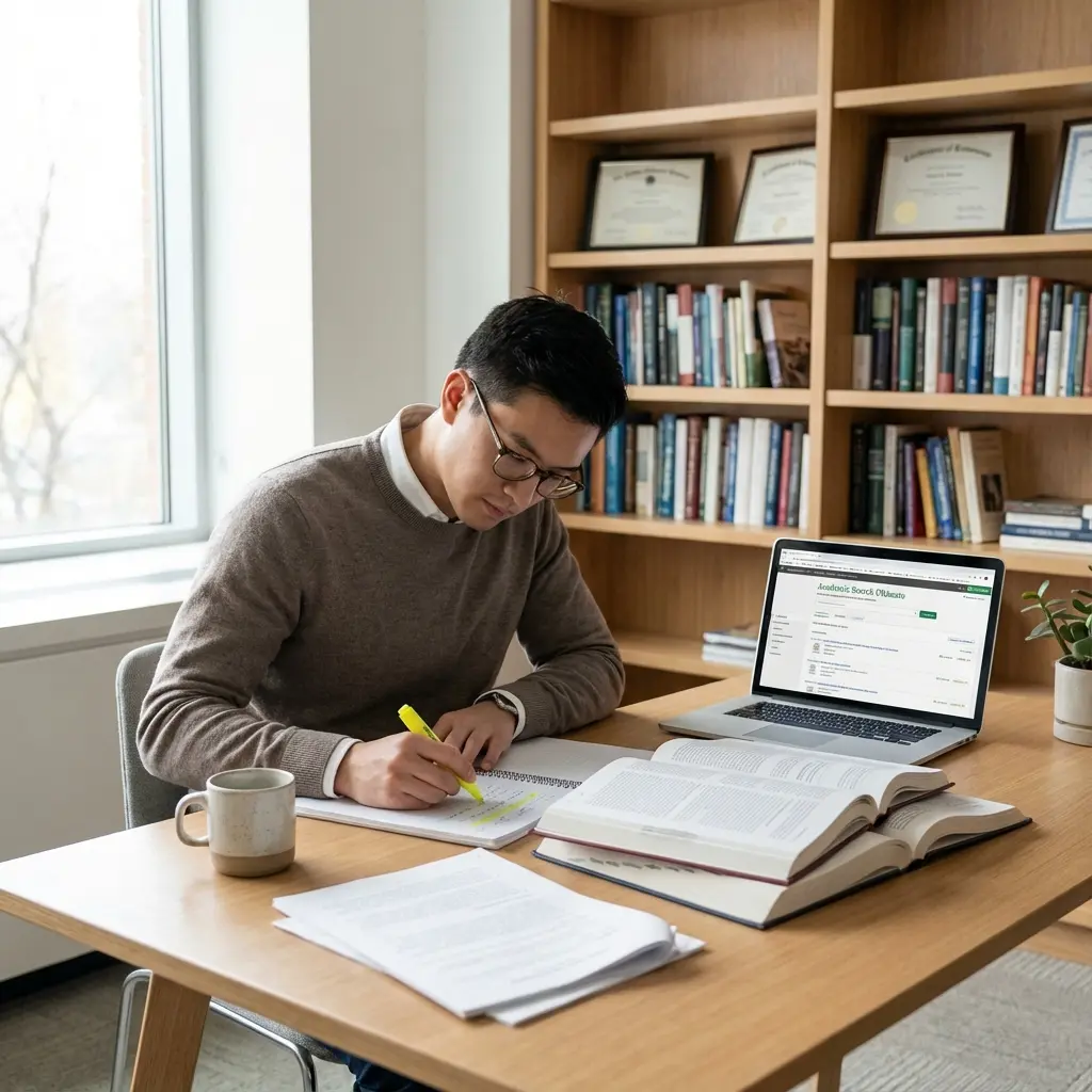 Academic researcher reviewing published papers and journal articles at desk