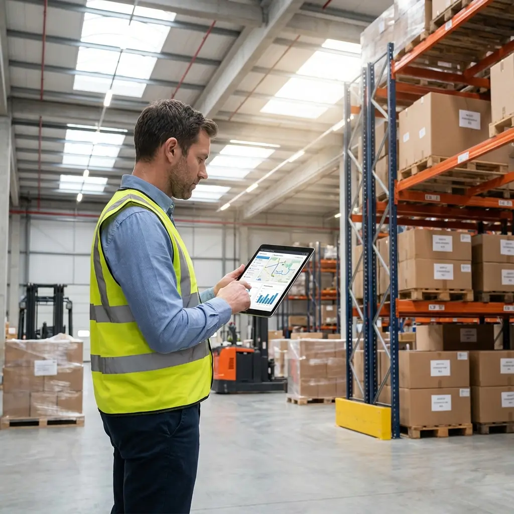 Professional logistics coordinator reviewing shipment data on tablet in warehouse
