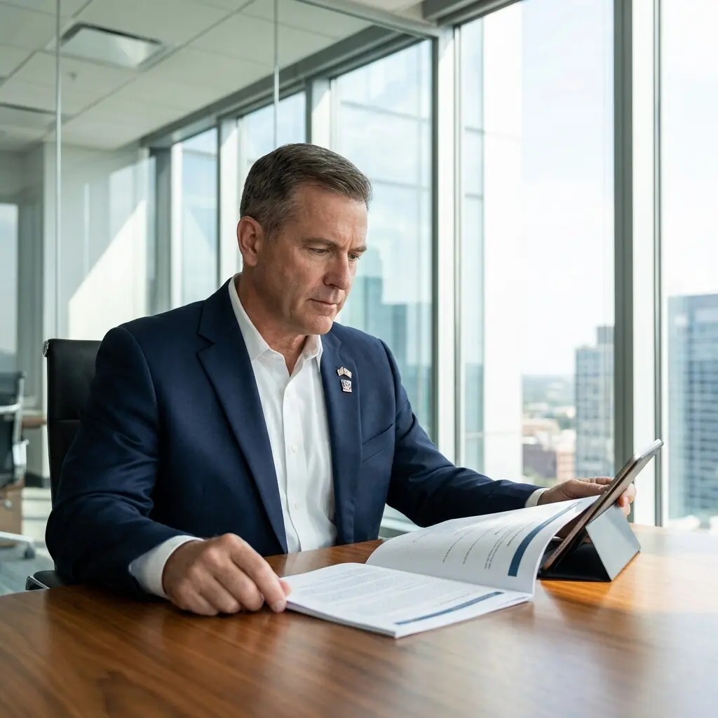 Military veteran in professional civilian attire transitioning to corporate career