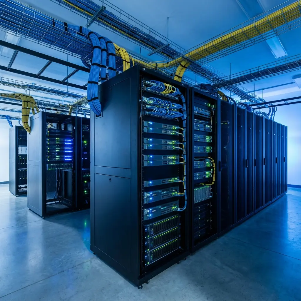 Network infrastructure with cables and server room equipment representing network engineering career