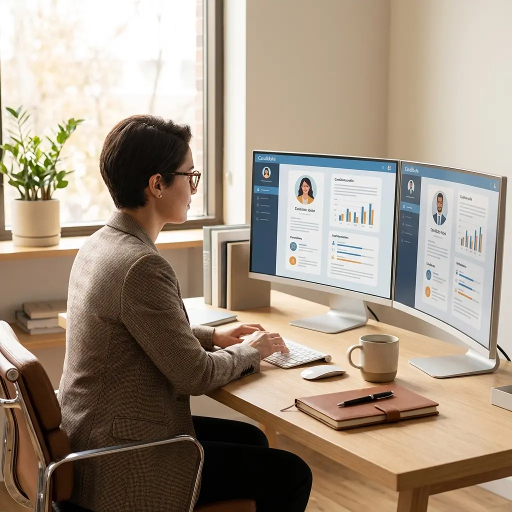 Professional recruiter reviewing candidate profiles on laptop in modern office