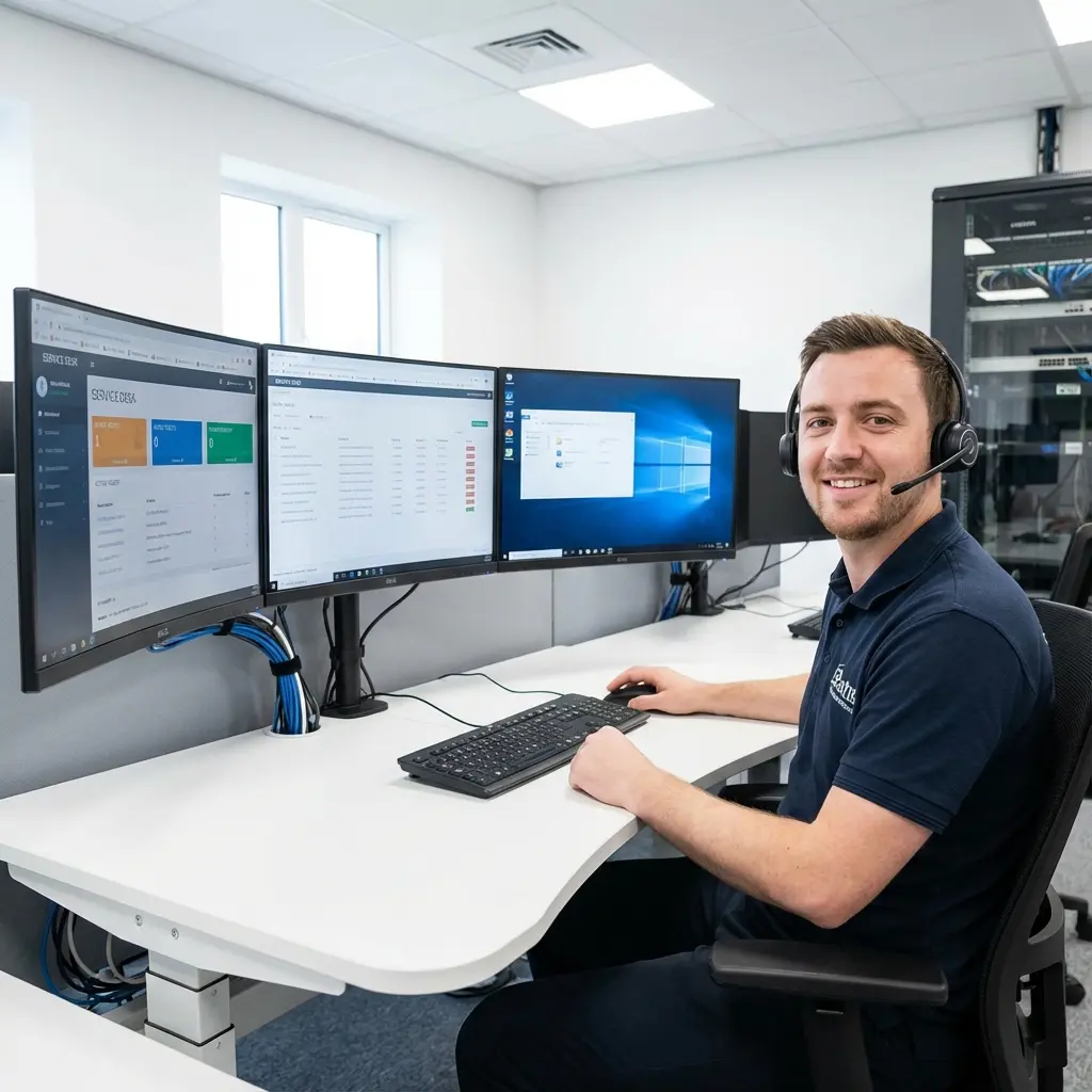 IT support specialist working at help desk with multiple monitors showing ticket systems and troubleshooting tools