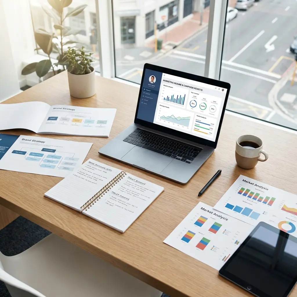 Brand manager reviewing resume with marketing campaign metrics and brand strategy documents