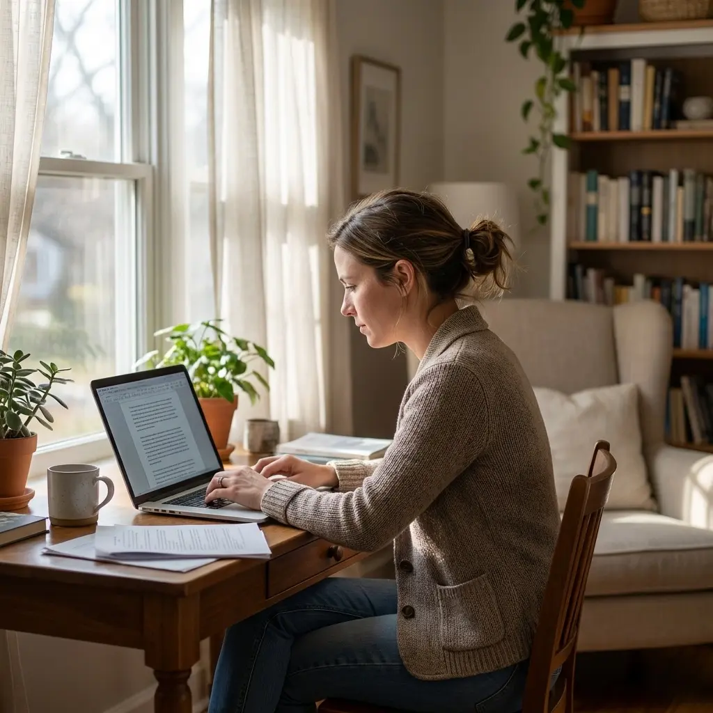 Professional resume summary being crafted on laptop with clean workspace