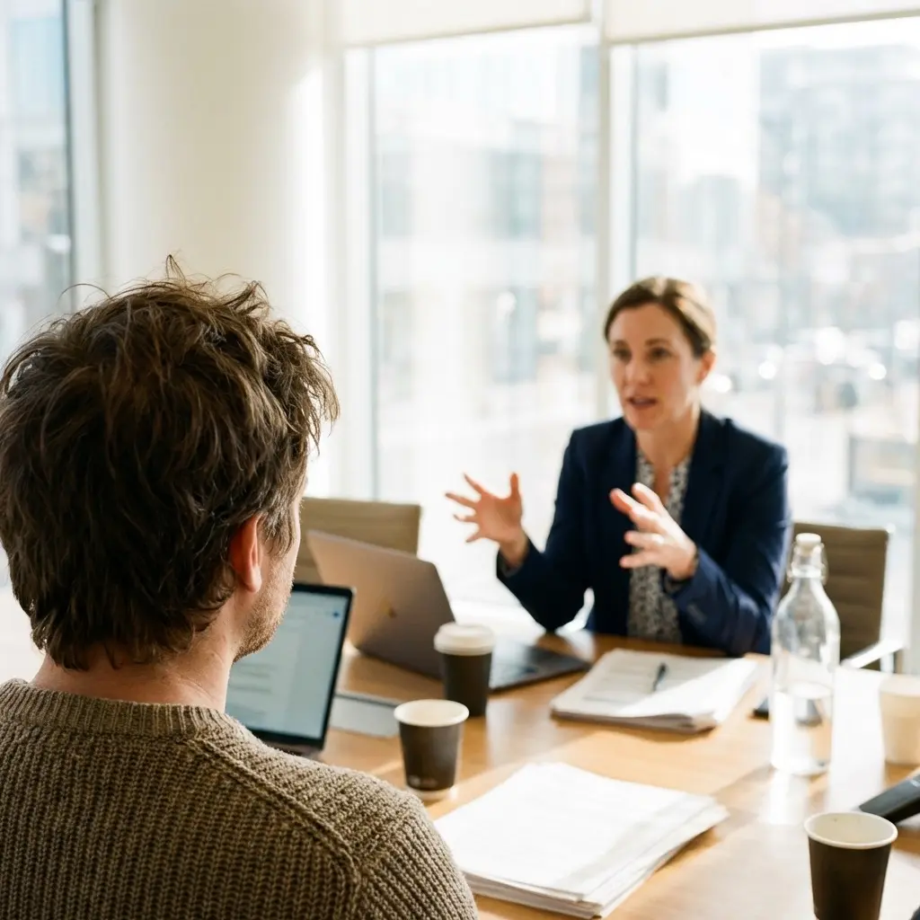 Professional coordinating multiple stakeholders across departments with metrics overlay