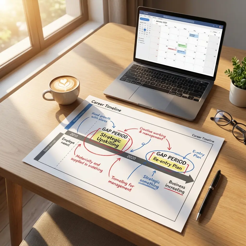 Professional reviewing career timeline with strategic notes on resume packaging