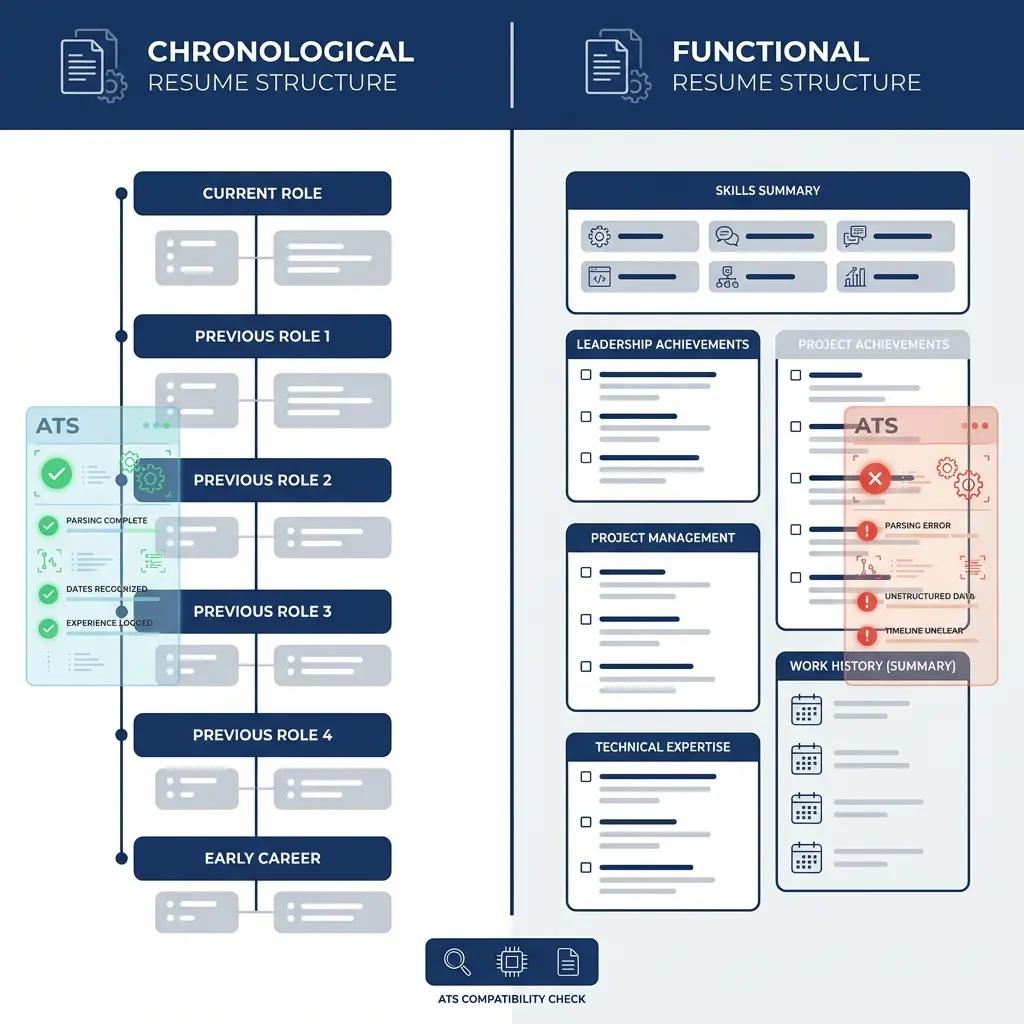 Side-by-side comparison of chronological and functional resume formats with ATS scanner overlay