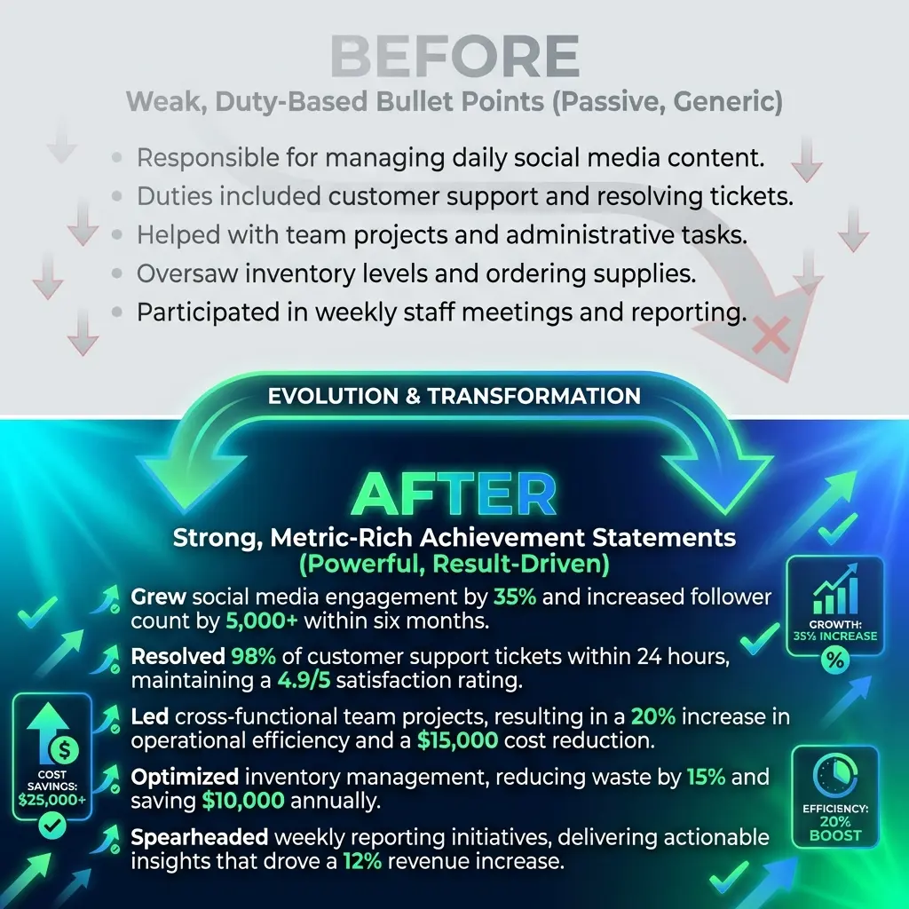 Before and after comparison showing weak duty-based resume bullets transformed into strong results-driven achievement statements