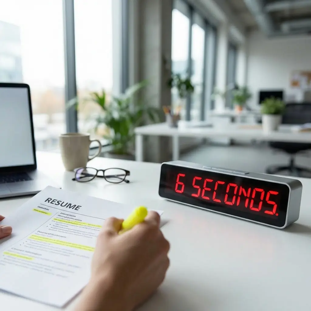 Professional reviewing resume with timer showing 6 seconds, highlighting key visual elements