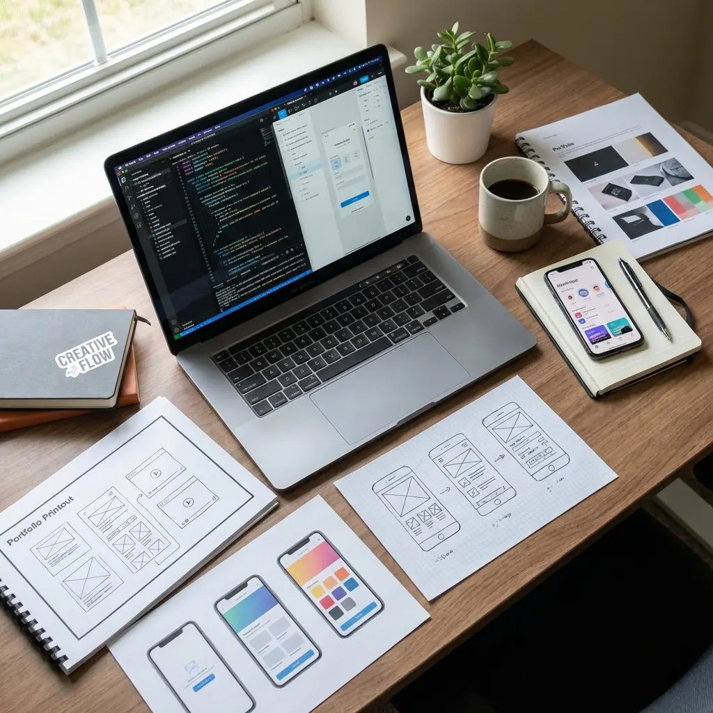 Developer workspace with laptop showing code project, design mockups, and portfolio materials