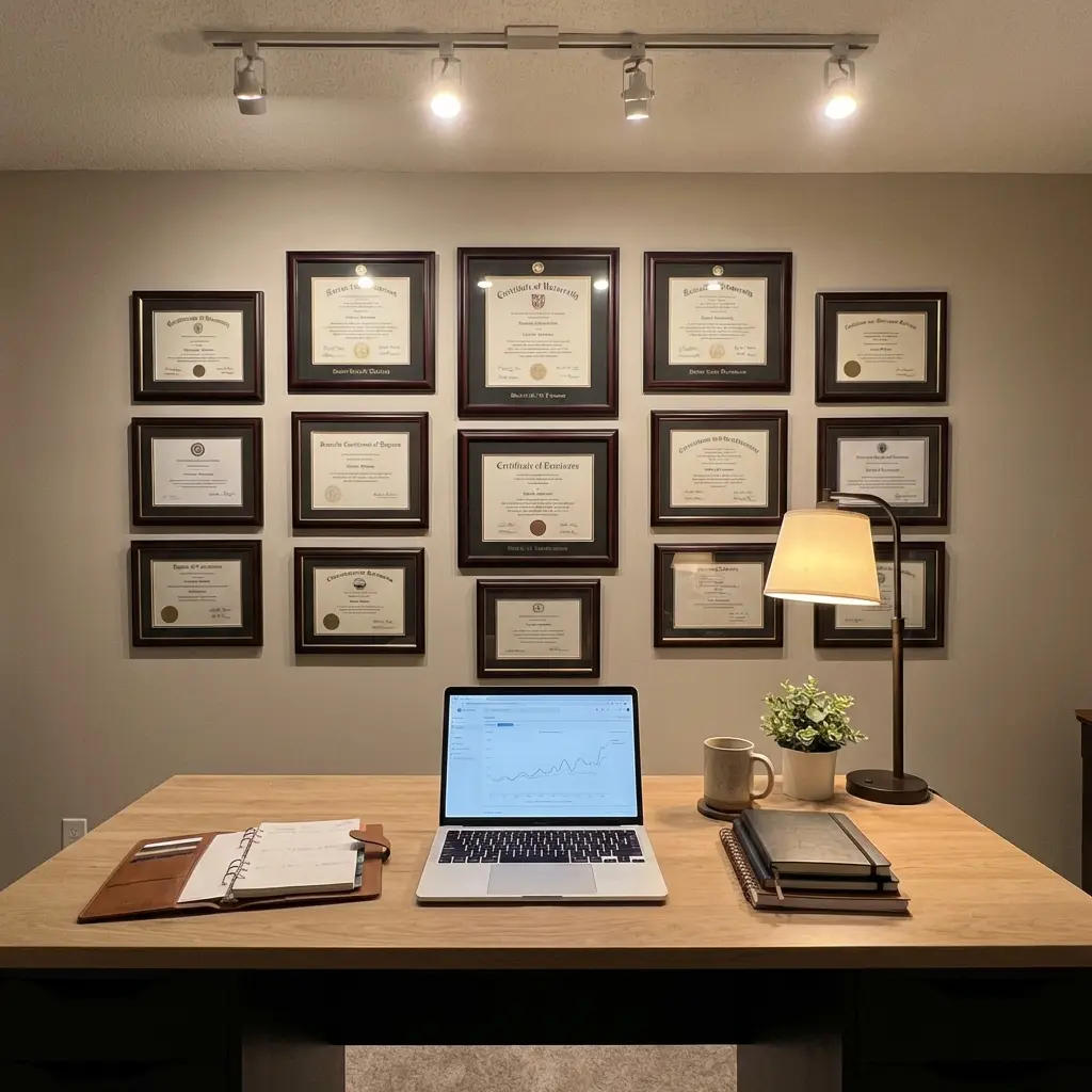 Professional certificates and diploma arranged on desk representing education credentials for resume