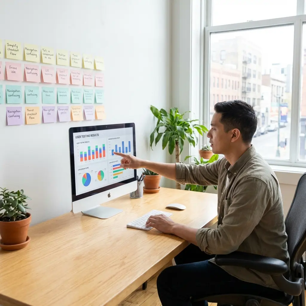 UX designer analyzing user testing results and conversion metrics on computer screen
