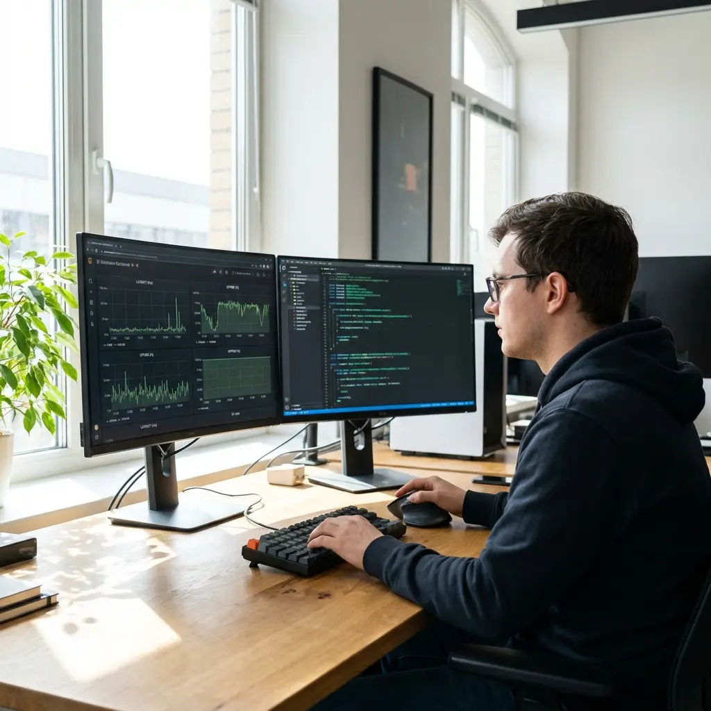 Software engineer reviewing performance metrics and system dashboards on dual monitors