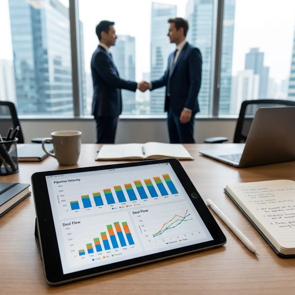 Sales performance dashboard showing pipeline velocity, win rate, and deal size metrics