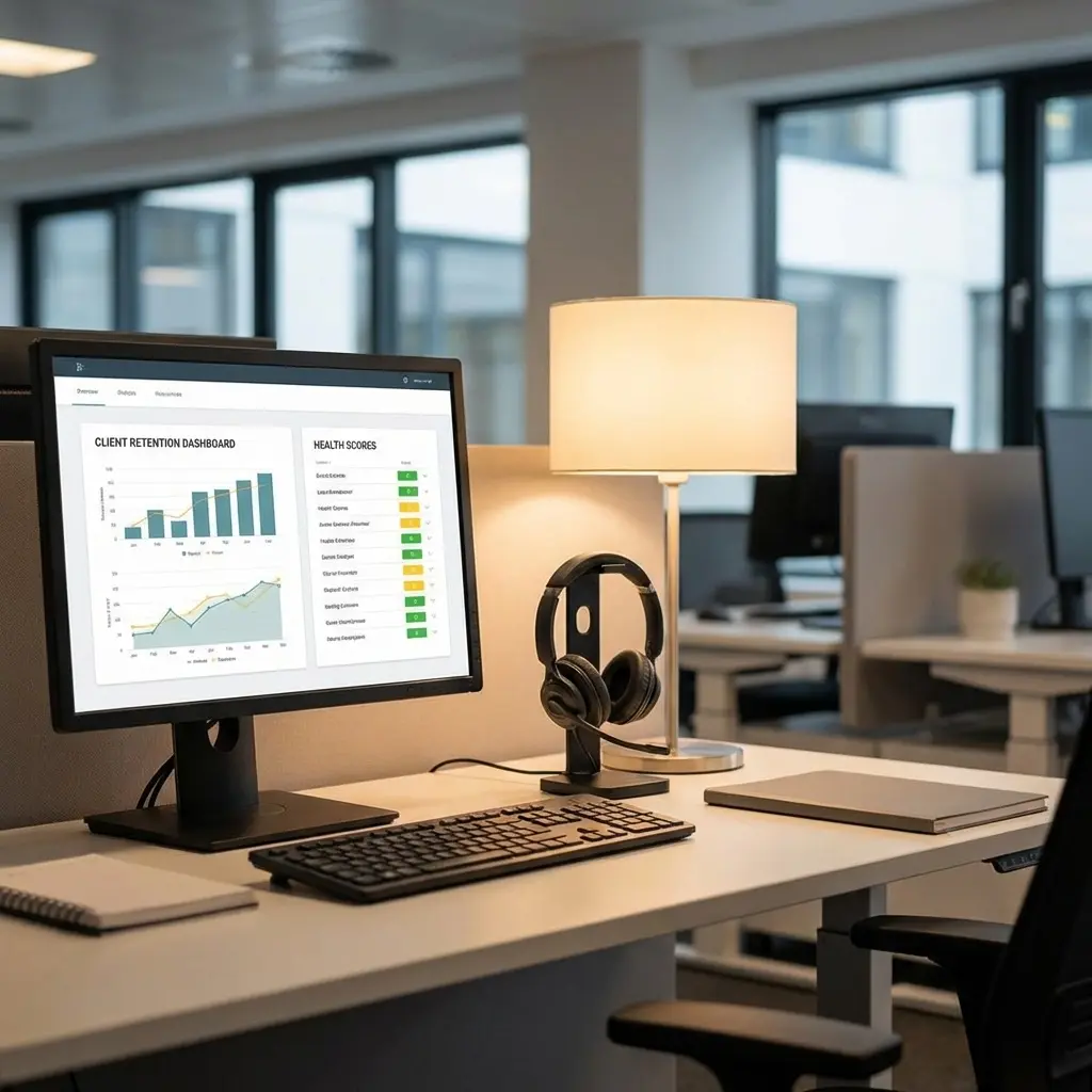 Customer success manager reviewing retention metrics dashboard showing NRR and churn data