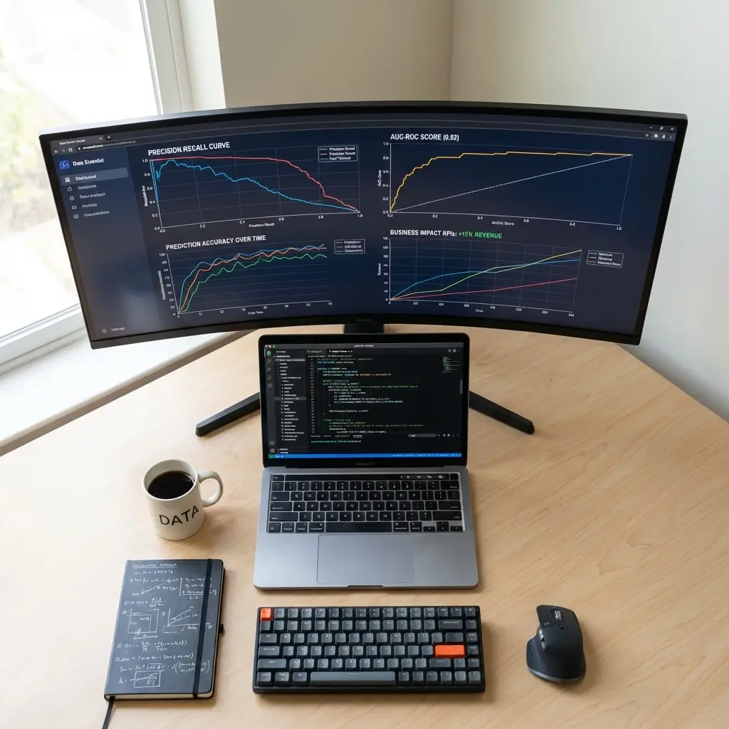 Data scientist analyzing machine learning model performance metrics and business impact dashboard