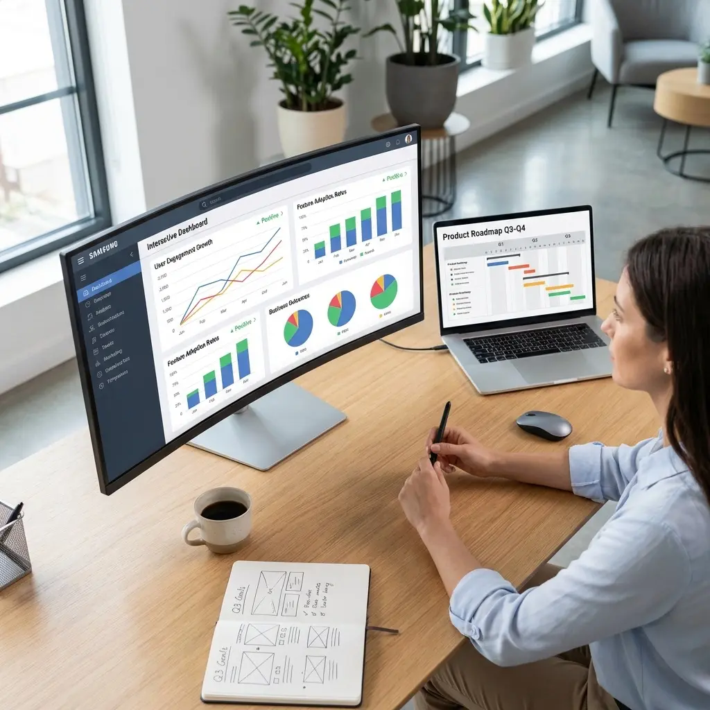 Product manager analyzing user engagement dashboard with feature adoption metrics and business outcomes