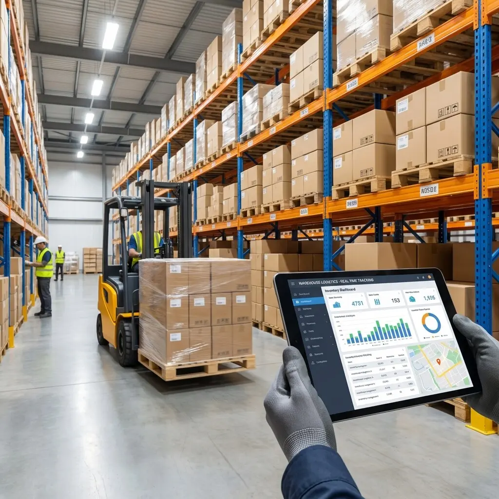 Modern warehouse with logistics operations showing inventory management and supply chain efficiency metrics