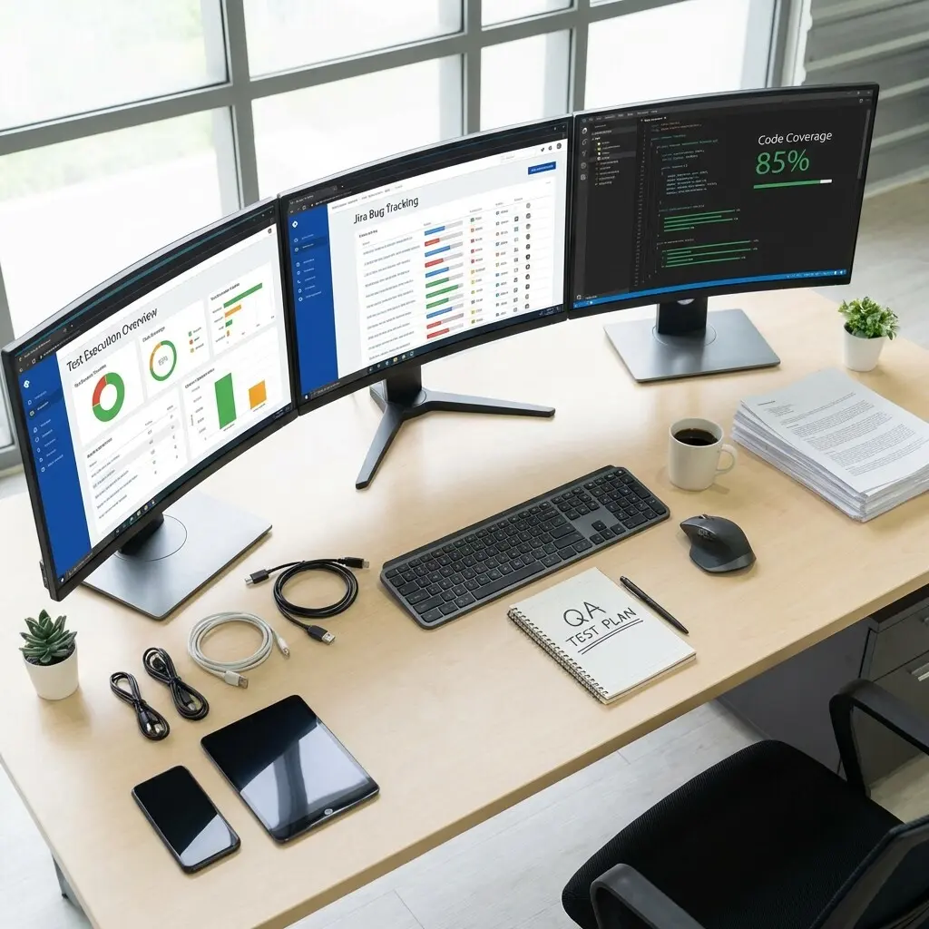 Software testing workspace with multiple monitors showing test dashboards and bug tracking systems