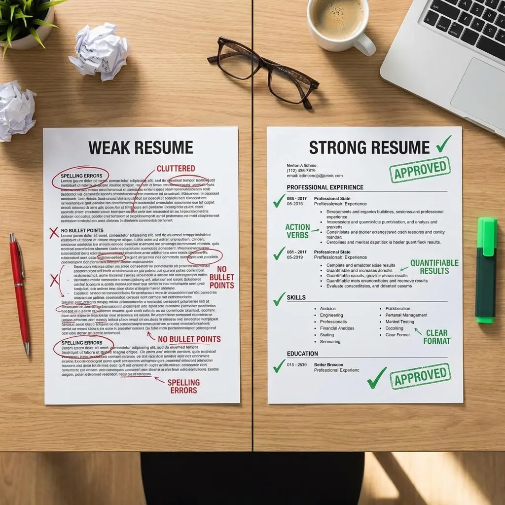 Side-by-side comparison of weak and strong resume formats with annotations showing improvements