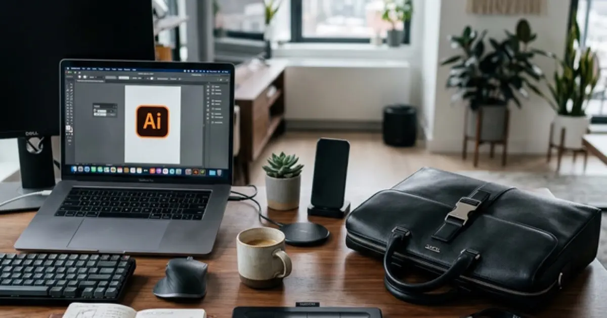 Freelancer transitioning to office environment with laptop and professional documents