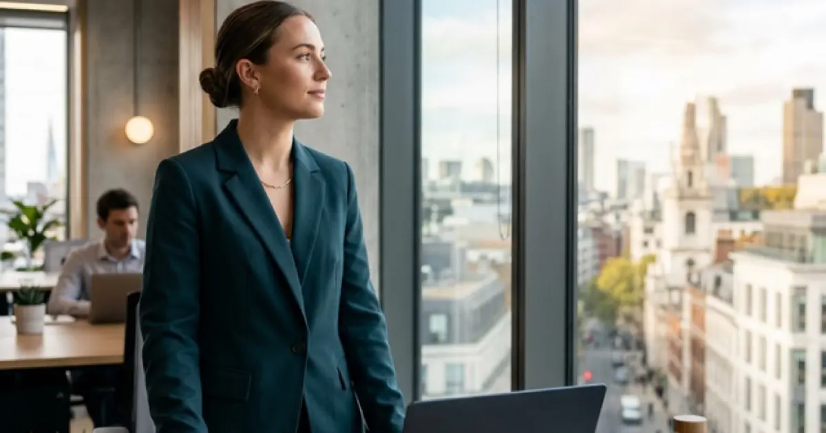 Professional at a clean desk organizing career documents with a fresh notebook and laptop