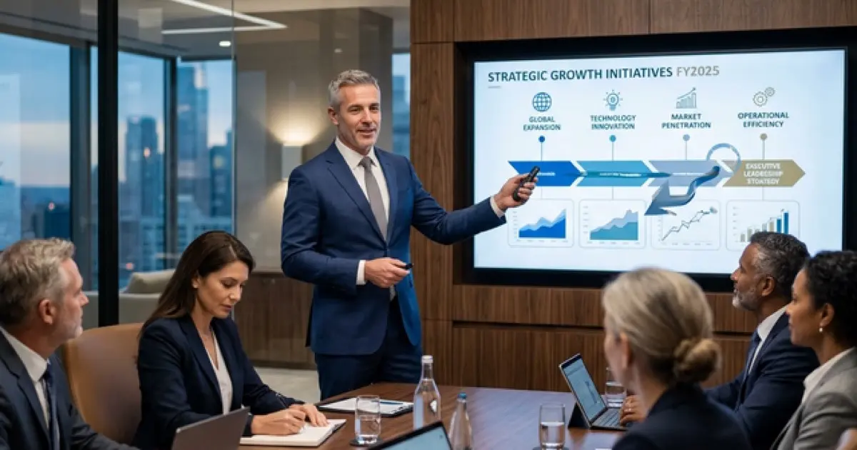 Executive reviewing strategy documents at a polished conference table with client materials