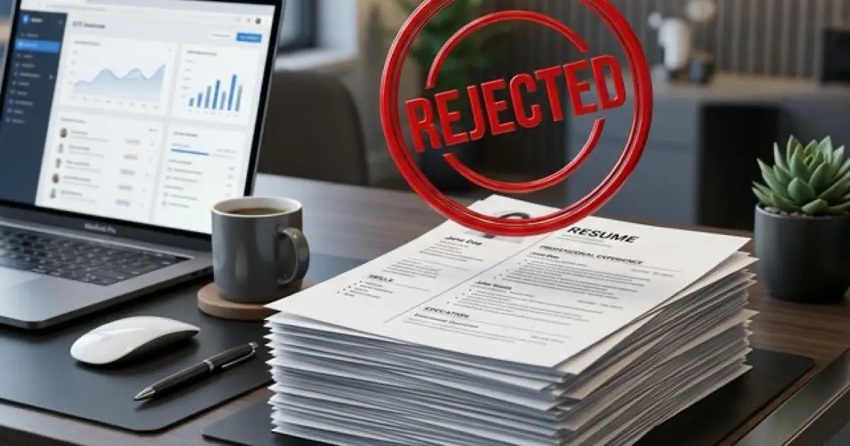 Resume document with red rejection marks next to a computer showing ATS screening interface