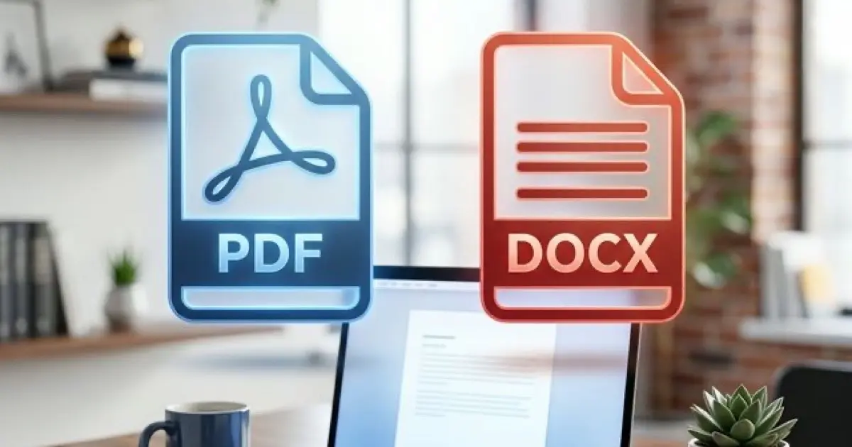 Two document icons side by side showing PDF and DOCX file format comparison